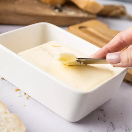 Beurrier en Céramique - Blanc, Couvercle en Bois d'Acacia et Couteau à Beurre - Élégant et Fonctionnel - Beurrier - Boîte de Conservation Fromage