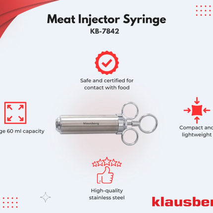 KLAUSBERG KB-7842 Seringue à marinade – Acier Inoxydable, 60 ml, Kit avec 3 Aiguilles & Accessoires - Accessoire Barbecue - Seringue à viande - Injecteur