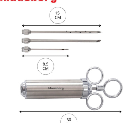 KLAUSBERG KB-7842 Seringue à marinade – Acier Inoxydable, 60 ml, Kit avec 3 Aiguilles & Accessoires - Accessoire Barbecue - Seringue à viande - Injecteur