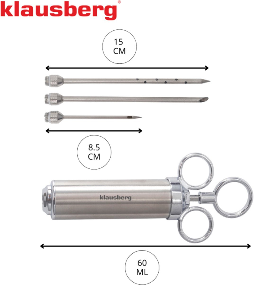 Klausberg KB-7842 marinadespuit RVS – vleesinjectiespuit 60 ml, 3 naalden – foto 3