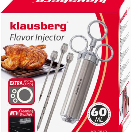 KLAUSBERG KB-7842 Seringue à marinade – Acier Inoxydable, 60 ml, Kit avec 3 Aiguilles & Accessoires - Accessoire Barbecue - Seringue à viande - Injecteur
