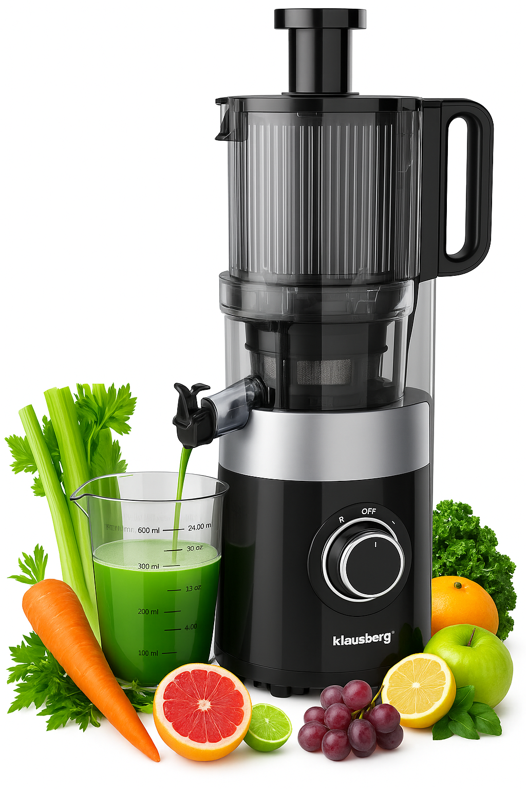 Klausberg KB-7871 Slow Juicer – Cold Press – Leiser vertikaler Entsafter mit breiter Einfüllöffnung – Obstpresse – Schwarz / Silber
