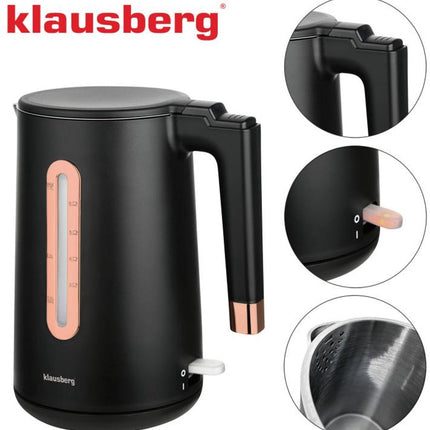 Klausberg KB-7889 Bouilloire électrique - 1,7L - Noir/Or Rose - 2200W - Acier inoxydable et PP - Sûr et élégant - Or Rose