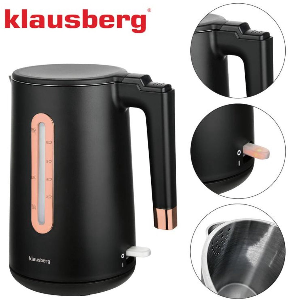 Klausberg KB-7889 Elektrischer Wasserkocher - 1,7L - Schwarz / Roségold - 2200W - Edelstahl & PP - Sicher & Stilvoll - Roségold