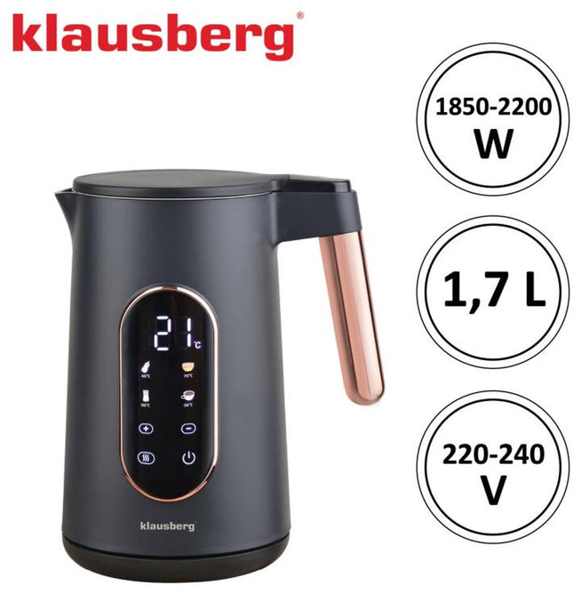 Klausberg KB-7892 Bouilloire Électrique - 1,7L - Noir/Or Rose - Contrôle LED - 13 Niveaux de Température - 2200W