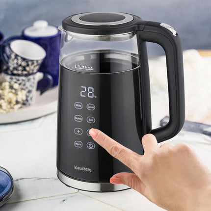 Klausberg KB-7894 Bouilloire Électrique – 1,7 Litre, Verre Noir, Panneau de Commande LED, 13 Niveaux de Température, Fonction Maintien au Chaud