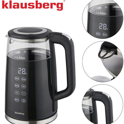 Klausberg KB-7894 Bouilloire Électrique – 1,7 Litre, Verre Noir, Panneau de Commande LED, 13 Niveaux de Température, Fonction Maintien au Chaud