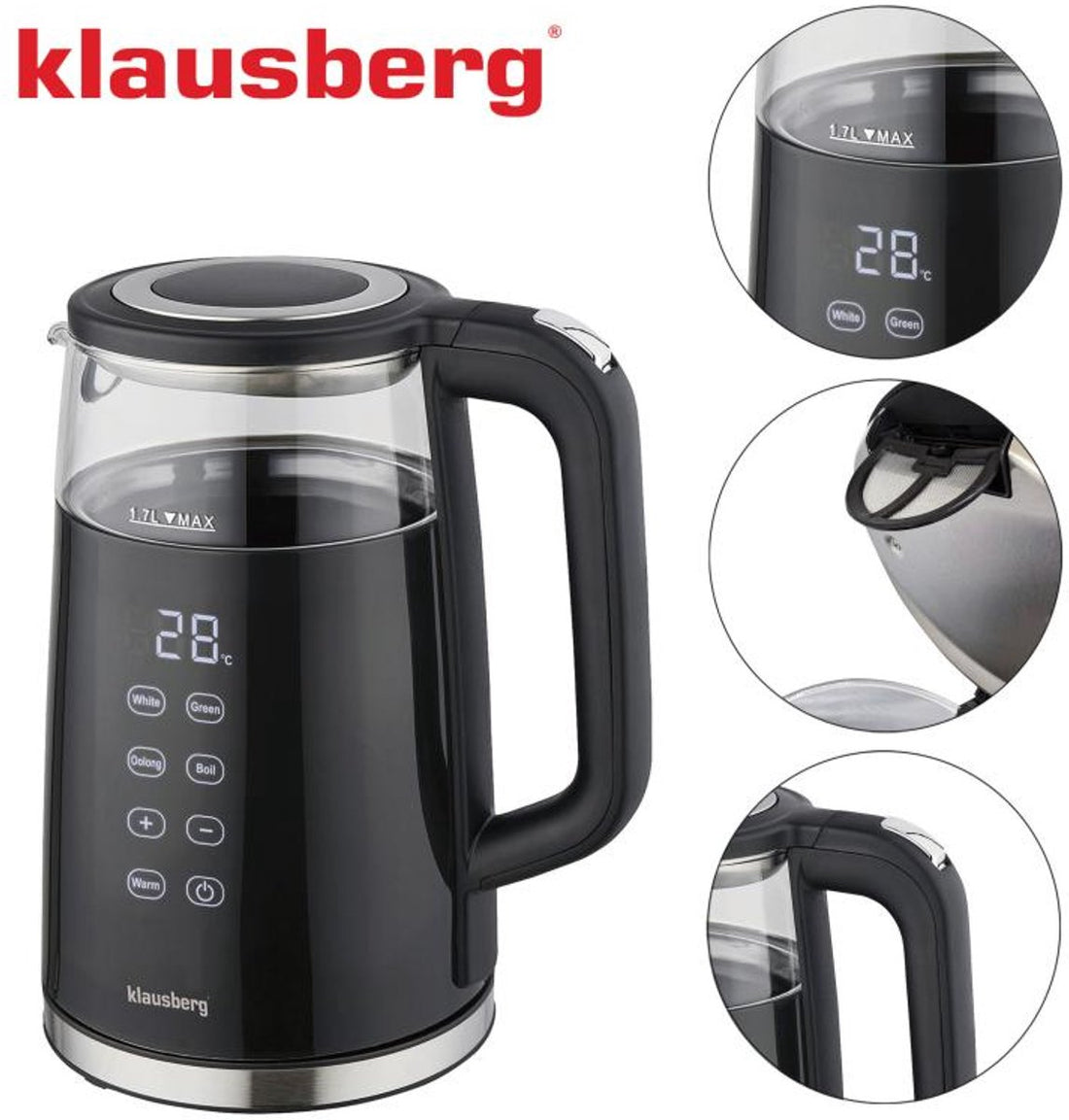 Klausberg KB-7894 glazen waterkoker met temperatuurregeling – 1,7 L, zwart – foto 2