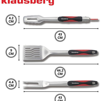 Klausberg KB-7899 Set Barbecue - Set de 3 ustensiles de gril en acier inoxydable avec poignées en plastique (Spatule, Fourchette & Pince) - Joli coffret cadeau pour les amateurs de Kamado / Weber !