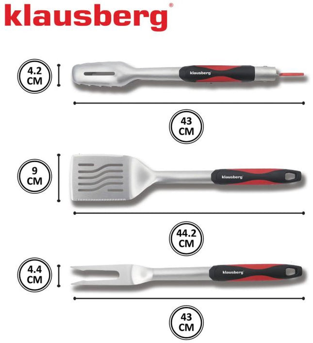 Klausberg KB-7899 Set Barbecue - Set de 3 ustensiles de gril en acier inoxydable avec poignées en plastique (Spatule, Fourchette & Pince) - Joli coffret cadeau pour les amateurs de Kamado / Weber !