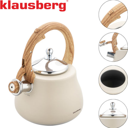 Klausberg Bouilloire 2.8L Inox - Siffleuse pour Toutes Sources de Chaleur (Induction, Gaz) - Beige avec Poignée Aspect Bois