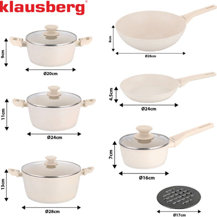 Klausberg KB-7959 Set de 12 casseroles Beige | Revêtement antiadhésif en marbre | Comprend une poêle et un wok | Compatible induction | Blanc crème