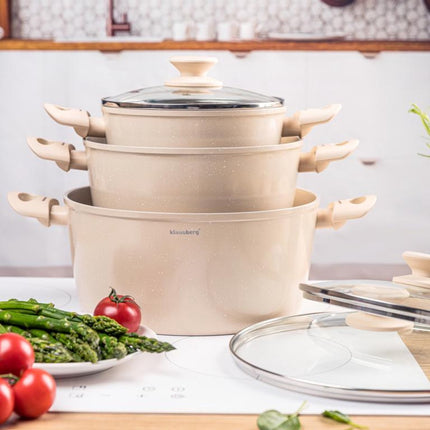 Klausberg KB-7961 Ensemble de casseroles 6 pièces Beige | Revêtement antiadhésif marbre | Compatible induction | 3 casseroles avec couvercles | Crème