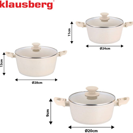 Klausberg KB-7961 Ensemble de casseroles 6 pièces Beige | Revêtement antiadhésif marbre | Compatible induction | 3 casseroles avec couvercles | Crème