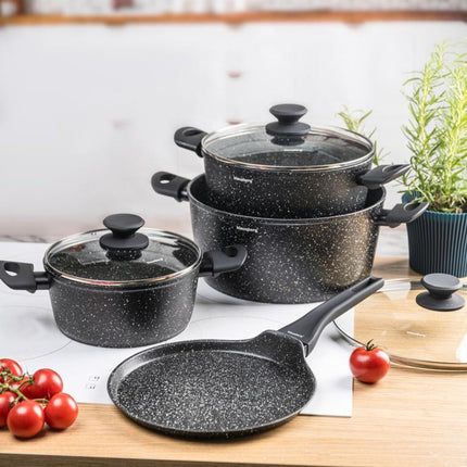Klausberg KB-7962 Set de casseroles 7 pièces Noir | Revêtement antiadhésif en marbre | Crêpière incluse | Convient pour l'induction