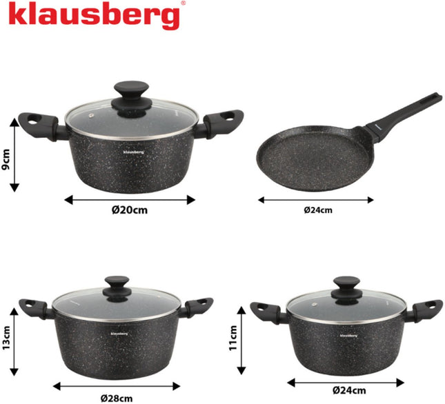 Klausberg KB-7962 Set de casseroles 7 pièces Noir | Revêtement antiadhésif en marbre | Crêpière incluse | Convient pour l'induction