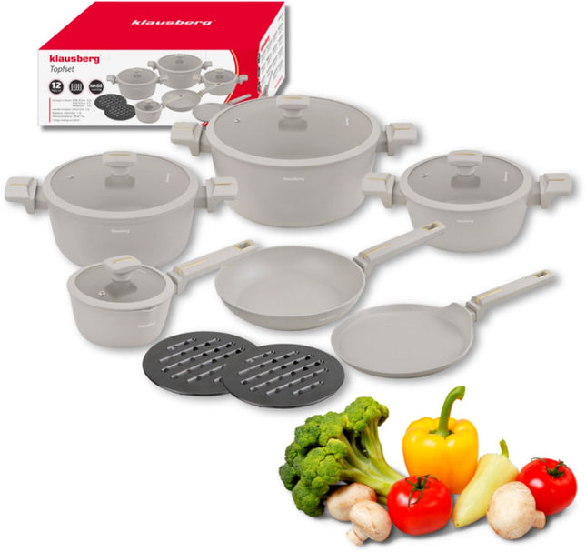Klausberg KB-7967 Set de casseroles et poêles | 12 pièces | Revêtement antiadhésif | Compatible induction | Beige