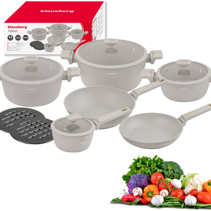 Klausberg KB-7969 Set de casseroles 12 pièces Beige | Poêle Wok incluse | Revêtement antiadhésif | Compatible tous feux dont induction | Couvercles en verre | Set de casseroles