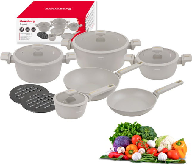Klausberg KB-7969 Set de casseroles 12 pièces Beige | Poêle Wok incluse | Revêtement antiadhésif | Compatible tous feux dont induction | Couvercles en verre | Set de casseroles