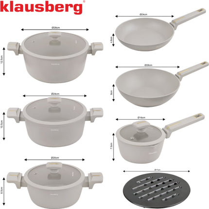 Klausberg KB-7969 Set de casseroles 12 pièces Beige | Poêle Wok incluse | Revêtement antiadhésif | Compatible tous feux dont induction | Couvercles en verre | Set de casseroles