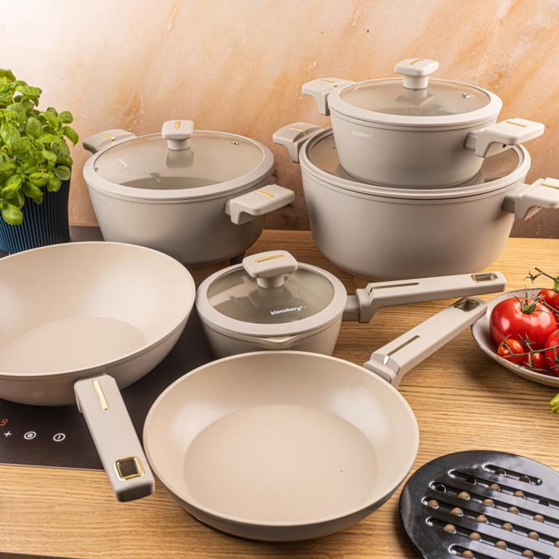 Klausberg KB-7969 pannenset beige, 12-delig – met wok, ook voor inductie – foto 4