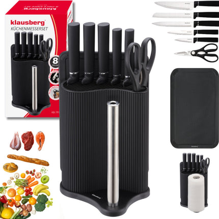 Klausberg KB-7977 Set de cuisine 8 pièces - Ensemble de couteaux avec planche à découper et porte-rouleau essuie-tout - Acier inoxydable noir - Bloc de couteaux - Couteau de chef, couteau à pain, planche à découper, set de cuisine, etc.