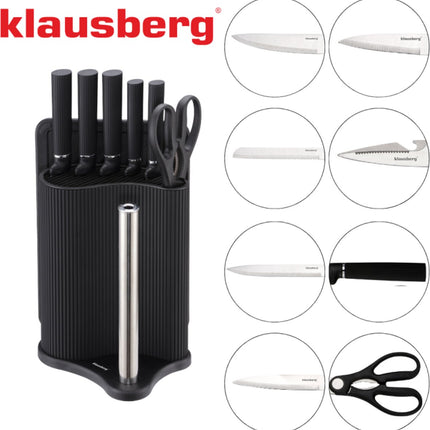 Klausberg KB-7977 Set de cuisine 8 pièces - Ensemble de couteaux avec planche à découper et porte-rouleau essuie-tout - Acier inoxydable noir - Bloc de couteaux - Couteau de chef, couteau à pain, planche à découper, set de cuisine, etc.