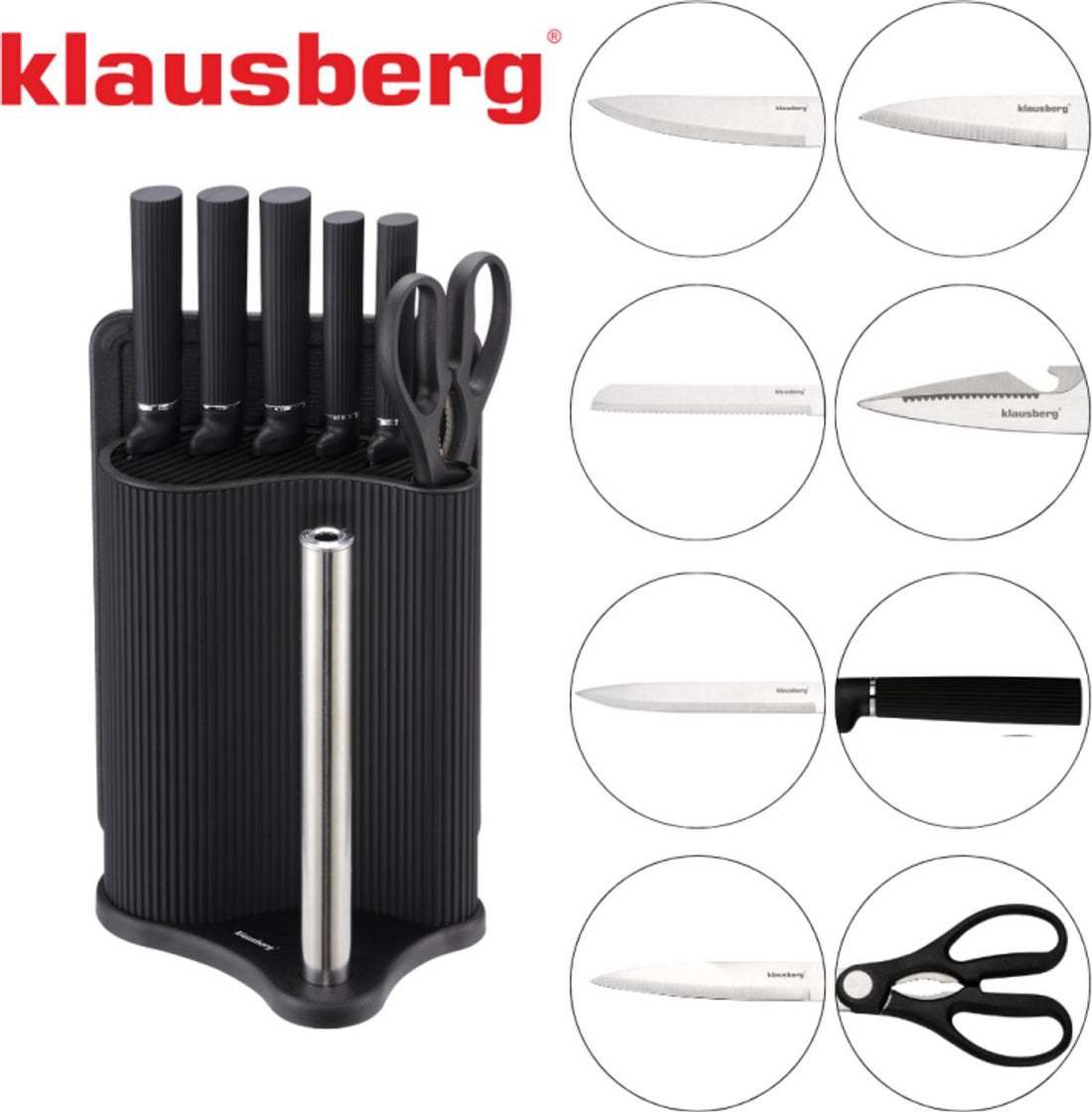 Klausberg KB-7977 messenset 8-delig – met snijplank en keukenrolhouder, zwart – foto 3