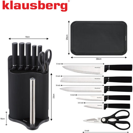Klausberg KB-7977 Set de cuisine 8 pièces - Ensemble de couteaux avec planche à découper et porte-rouleau essuie-tout - Acier inoxydable noir - Bloc de couteaux - Couteau de chef, couteau à pain, planche à découper, set de cuisine, etc.
