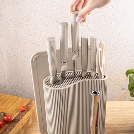 Klausberg KB-7978 Ensemble de cuisine 8 pièces - Jeu de couteaux avec planche à découper et support de rouleau de papier - Acier inoxydable beige