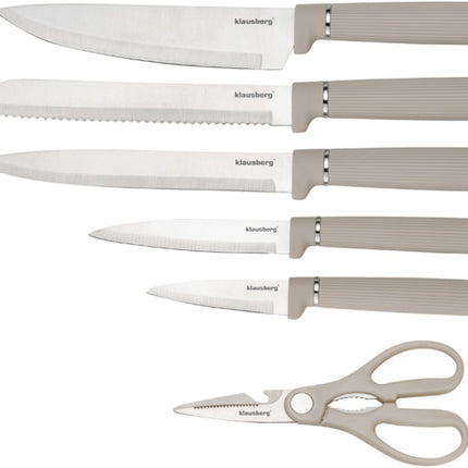 Klausberg KB-7978 Ensemble de cuisine 8 pièces - Jeu de couteaux avec planche à découper et support de rouleau de papier - Acier inoxydable beige