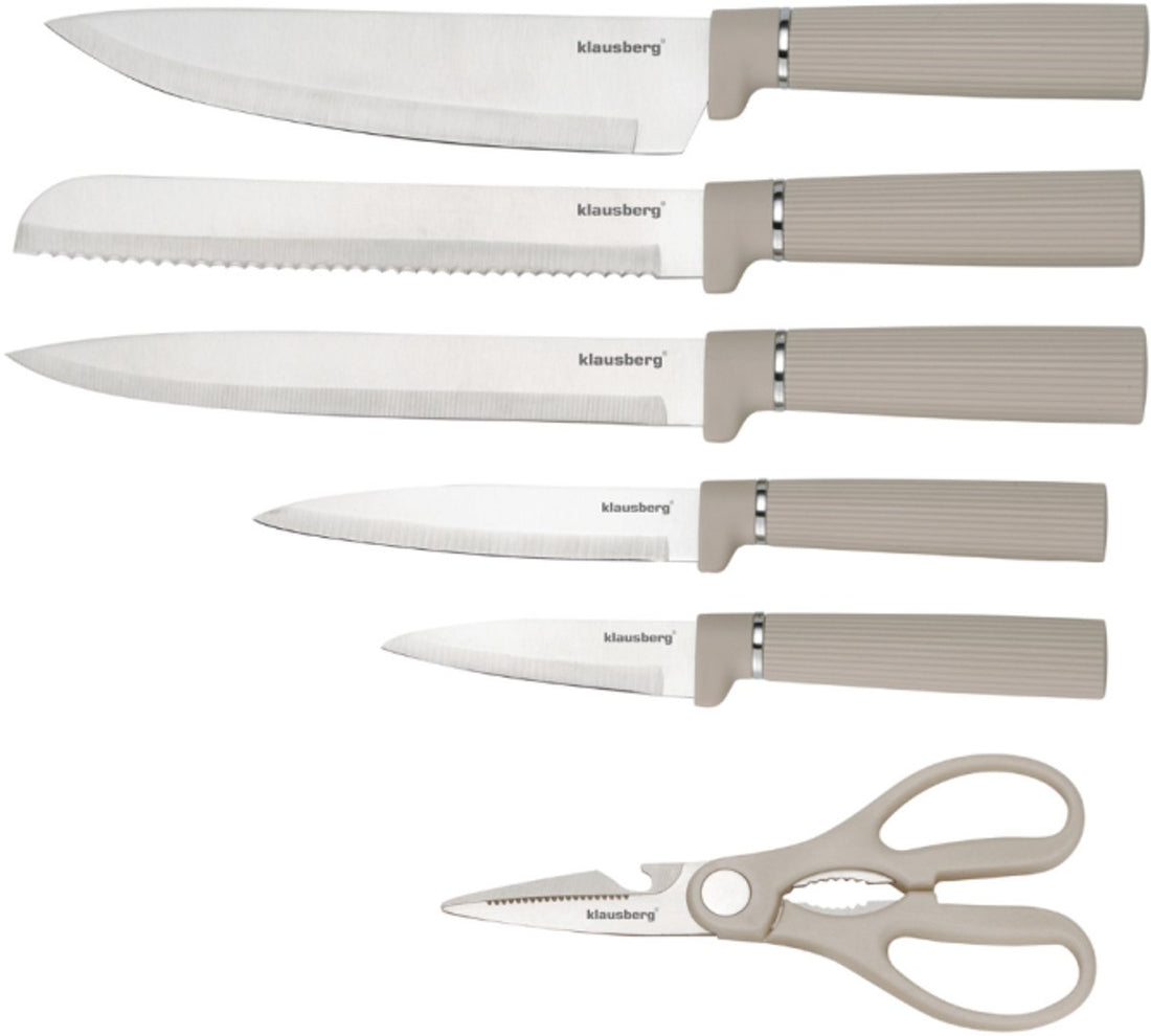 Klausberg KB-7978 8-teiliges Küchenset - Messerset mit Schneidebrett und Papierrollenhalter - Beige Edelstahl
