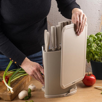 Klausberg KB-7978 Ensemble de cuisine 8 pièces - Jeu de couteaux avec planche à découper et support de rouleau de papier - Acier inoxydable beige