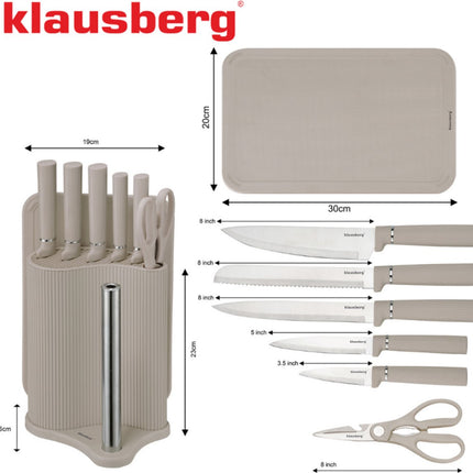 Klausberg KB-7978 Ensemble de cuisine 8 pièces - Jeu de couteaux avec planche à découper et support de rouleau de papier - Acier inoxydable beige