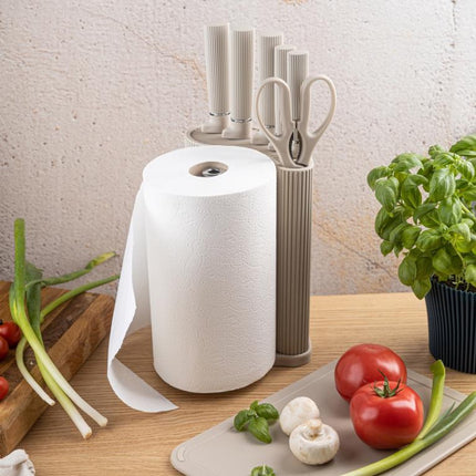 Klausberg KB-7978 Ensemble de cuisine 8 pièces - Jeu de couteaux avec planche à découper et support de rouleau de papier - Acier inoxydable beige