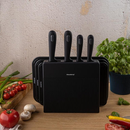 Klausberg KB-7980 Ensemble de Cuisine 8 Pièces - 4 Couteaux et 3 Planches à Découper avec Support de Rangement - Set de Couteaux Complet Noir - Bloc de Couteaux - Comprend Couteau de Chef, Couteau à Viande, 3 Planches à Découper