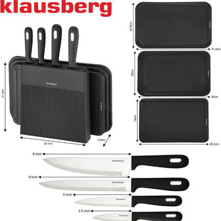 Klausberg KB-7980 Ensemble de Cuisine 8 Pièces - 4 Couteaux et 3 Planches à Découper avec Support de Rangement - Set de Couteaux Complet Noir - Bloc de Couteaux - Comprend Couteau de Chef, Couteau à Viande, 3 Planches à Découper