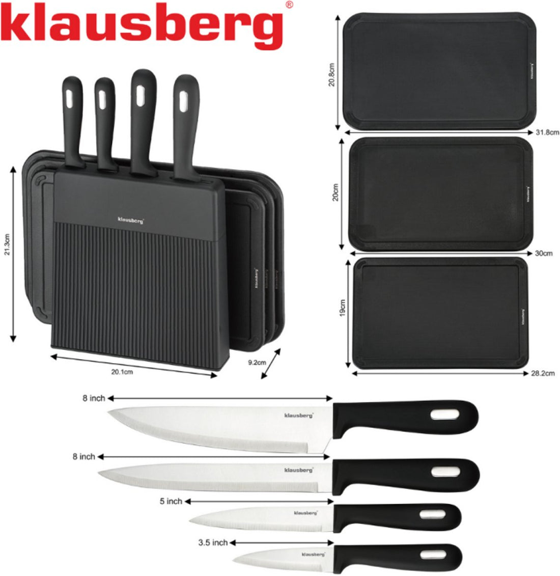 Klausberg KB-7980 messenset 8-delig – 4 messen, 3 snijplanken en messenblok – foto 2