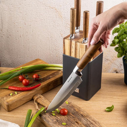 Klausberg KB-7983 Ensemble de 6 couteaux - 5 couteaux avec bloc en bois d'acacia - Couteaux de cuisine en acier inoxydable noir - y compris couteau à pain, couteau à découper, couteau de chef, couteau d'office et bloc à couteaux