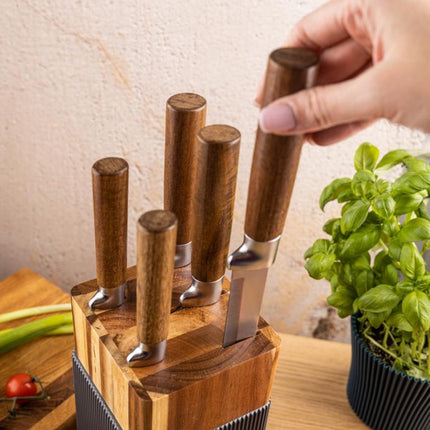 Klausberg KB-7983 Ensemble de 6 couteaux - 5 couteaux avec bloc en bois d'acacia - Couteaux de cuisine en acier inoxydable noir - y compris couteau à pain, couteau à découper, couteau de chef, couteau d'office et bloc à couteaux