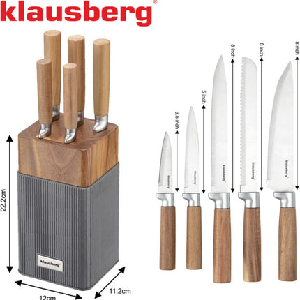 Klausberg KB-7983 Ensemble de 6 couteaux - 5 couteaux avec bloc en bois d'acacia - Couteaux de cuisine en acier inoxydable noir - y compris couteau à pain, couteau à découper, couteau de chef, couteau d'office et bloc à couteaux