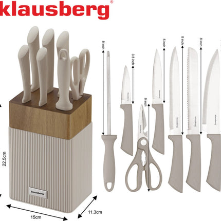 Klausberg KB-7984 Ensemble de 8 couteaux - Bloc de couteaux en bois d'acacia - Acier inoxydable avec fusil à aiguiser inclus - Couteau à pain - Couteau de chef - Couteau à découper -