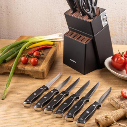 Klausberg KB-7985 Ensemble de Couteaux 13 Pièces - Bloc de Couteaux Noir avec Fusil d'Aiguisage - 6 Couteaux à Steak Inclus - Ensemble de Couteaux avec Bloc - Comprend Couteau à Pain, Couteau de Chef, Couteaux à Viande et Ciseaux