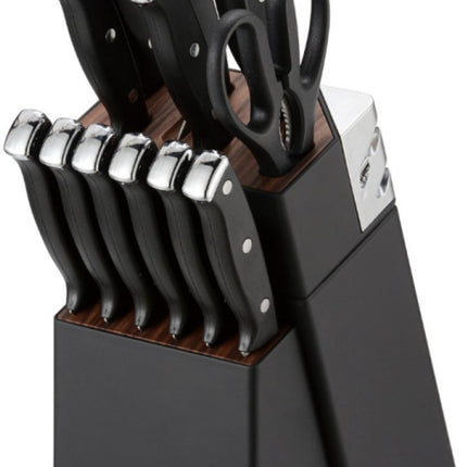 Klausberg KB-7985 Ensemble de Couteaux 13 Pièces - Bloc de Couteaux Noir avec Fusil d'Aiguisage - 6 Couteaux à Steak Inclus - Ensemble de Couteaux avec Bloc - Comprend Couteau à Pain, Couteau de Chef, Couteaux à Viande et Ciseaux