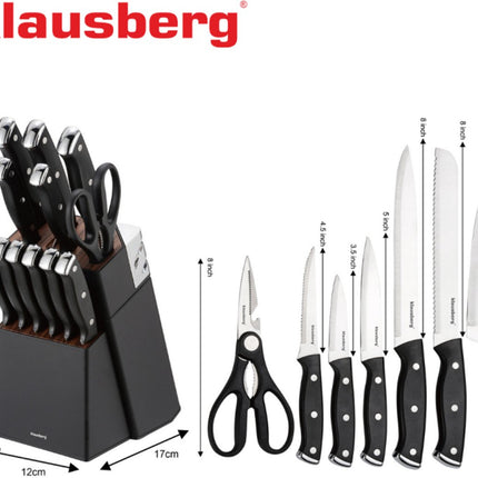 Klausberg KB-7985 Ensemble de Couteaux 13 Pièces - Bloc de Couteaux Noir avec Fusil d'Aiguisage - 6 Couteaux à Steak Inclus - Ensemble de Couteaux avec Bloc - Comprend Couteau à Pain, Couteau de Chef, Couteaux à Viande et Ciseaux