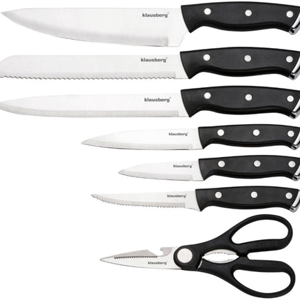 Klausberg KB-7985 Ensemble de Couteaux 13 Pièces - Bloc de Couteaux Noir avec Fusil d'Aiguisage - 6 Couteaux à Steak Inclus - Ensemble de Couteaux avec Bloc - Comprend Couteau à Pain, Couteau de Chef, Couteaux à Viande et Ciseaux