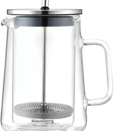 Klausberg KB7685 - Cafetière et Théière à Piston - 0,60 Litre - Double Paroi en Verre - Acier Inoxydable et Verre Borosilicate - Convient pour le Café, le Thé et les Infusions