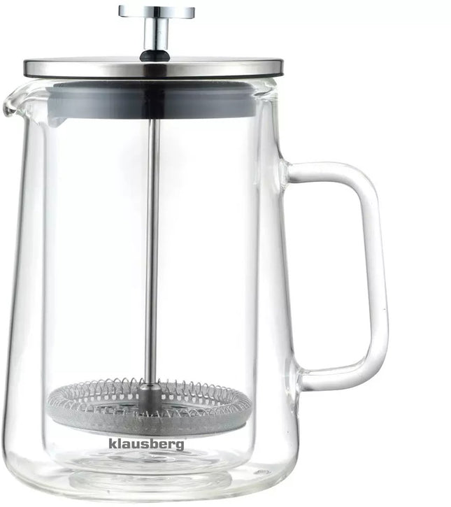 Klausberg KB7685 - Cafetière et Théière à Piston - 0,60 Litre - Double Paroi en Verre - Acier Inoxydable et Verre Borosilicate - Convient pour le Café, le Thé et les Infusions