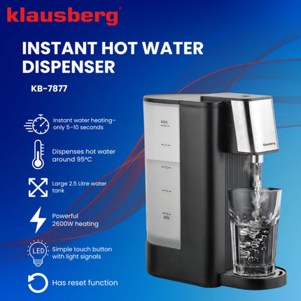 Klausberg KB7877 Distributeur d'eau chaude – 2,5 litres – Noir & Acier inoxydable – 2600W – Eau bouillante instantanée en 5 secondes - Distributeur d'eau chaude - Bouilloire -