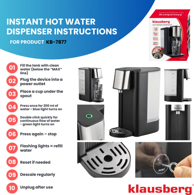 Klausberg KB7877 Distributeur d'eau chaude – 2,5 litres – Noir & Acier inoxydable – 2600W – Eau bouillante instantanée en 5 secondes - Distributeur d'eau chaude - Bouilloire -